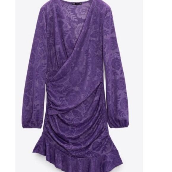 Zara Purple Wrap Front Mini Dress Long Sleeve Floral Embossed Print V-Neck Small - Picture 11 of 13